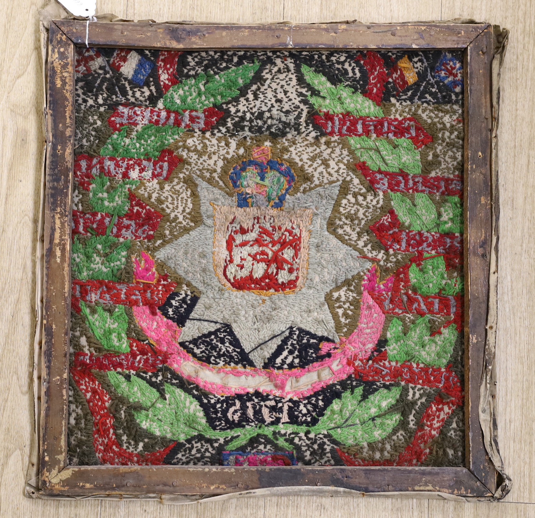 West Kent Regiment 'Mutton Lancers' 1st Bn wool work panel, 50cms x 53 cms